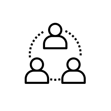 Collaboration Drawing of 3 people icons in a triangle formation connected with curved dotted lines
