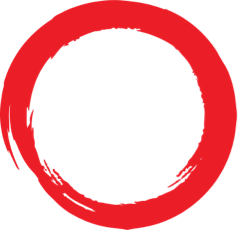 Red painted circle with the word 'atomo' in the centre in white