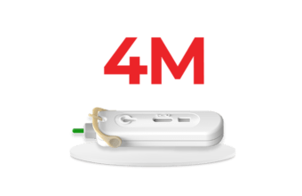 4 Million Tests Sold Diagnostic test sitting on white circular base with the word 4M above in red