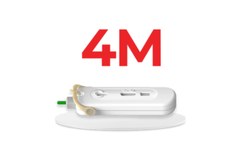 Diagnostic test sitting on white circular base with the word 4M above in red