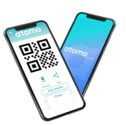 3D render of two phone screens showing a QR code with buttons and a generic Atomo homescreen