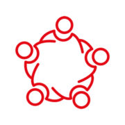 Collaboration - Red A drawn series of circles connected by a number of curved lines