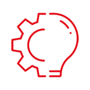 Innovation - Red A drawn render of half a gear on the left meeting half a lightbulb on the right
