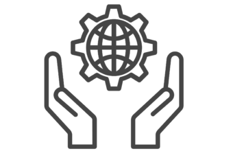 Icon of 2 hands holding globe within a cog