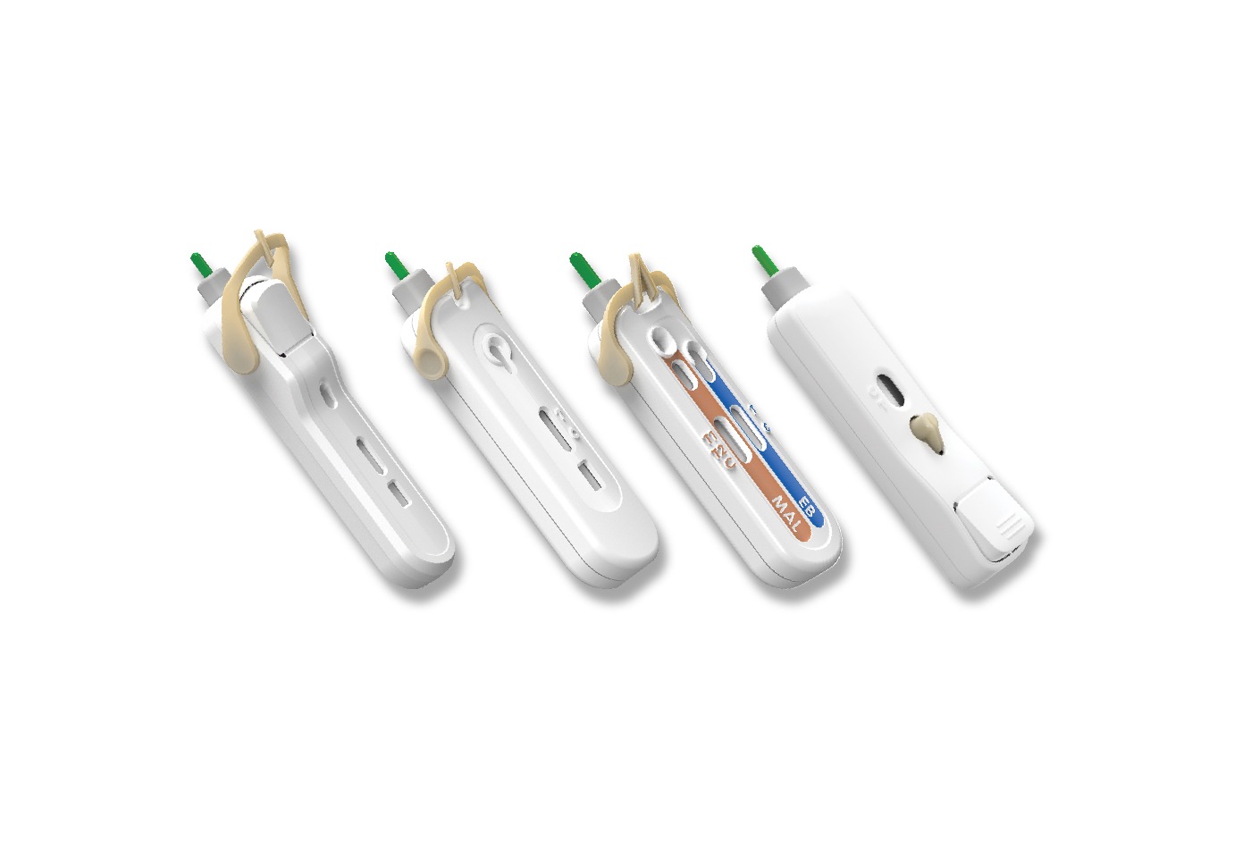 Point of Care Diagnostic Devices 4 diagnostic cassettes aligned on white background