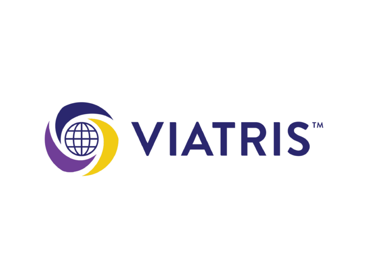 Viatris Logo purple blue and yellow swirl around chequered globe with word Viatris to the right