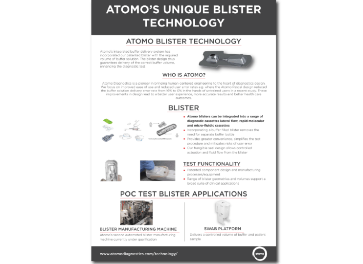 Atomo Diagnostics Blister Factsheet Screenshot of A4 page with text and images