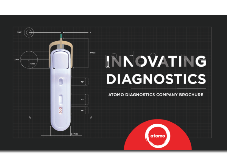Atomo Diagnostics Corporate Brochure black booklet cover with cassette, logo and text