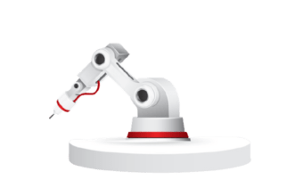 Robotic arm with red handle on white base.