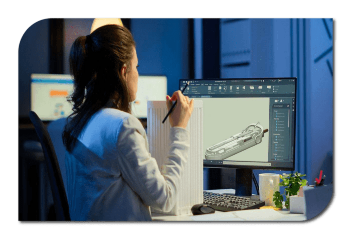 A woman focused on her computer, which displays a drawing.