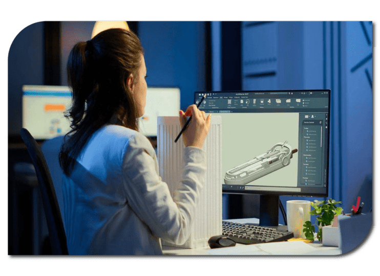 A woman focused on her computer, which displays a drawing.