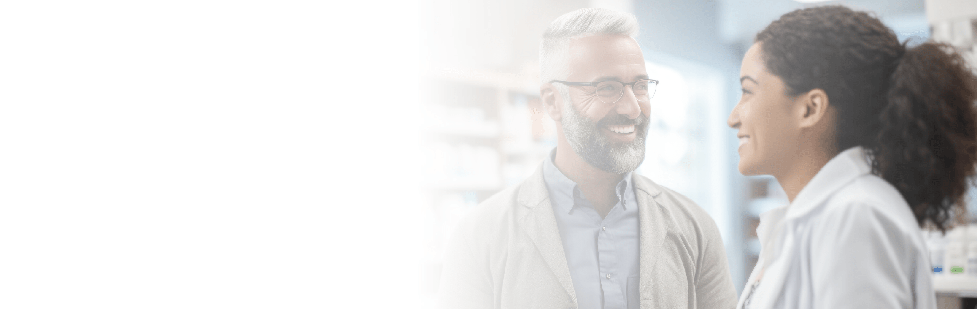 female pharmacist helping male customer with enquiry