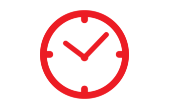 A red clock icon on a white background, representing time