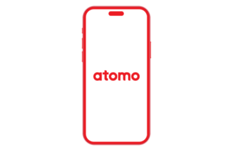 Interface a phone outline with the word Atomo in the middle
