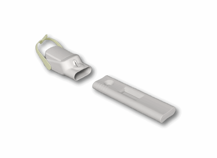 Florey-Cassette-Isolated A white cassette with a beige handle, designed for easy grip and use.