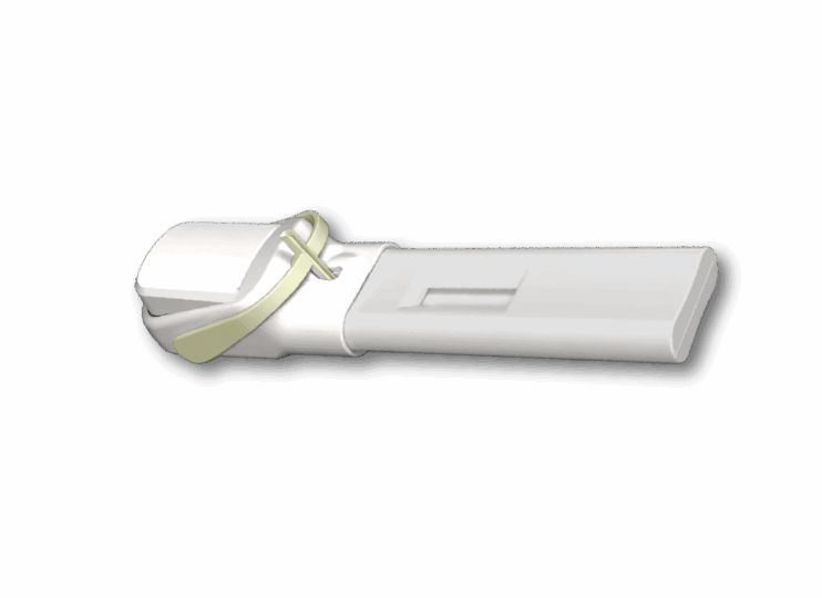 Florey-With-Cassette A white cassette with a beige handle, designed for easy grip and use.